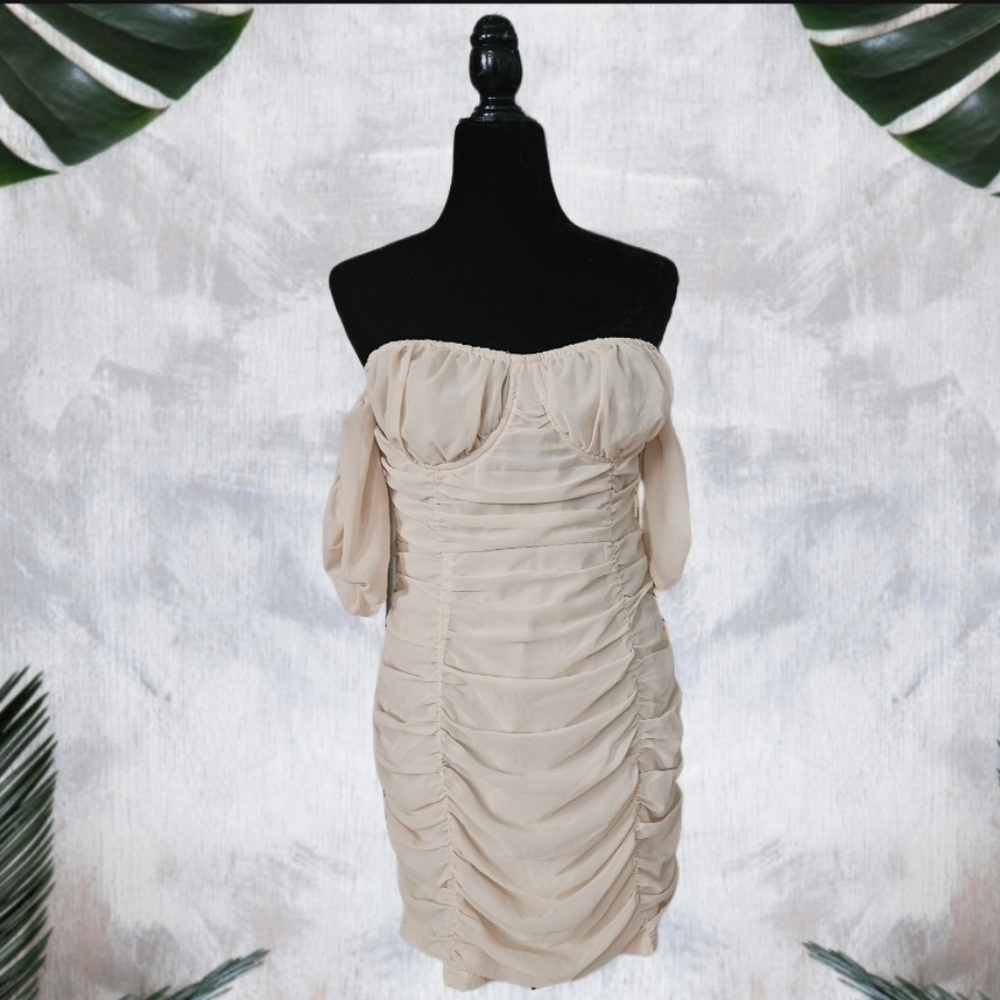 Ruched Off-Shoulder Cream Cocktail Dress